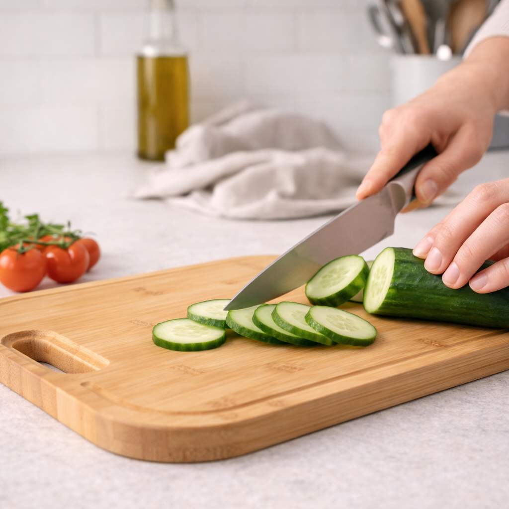 Bamboo chopping board being used to slice fresh cucumber on a kitchen worktop