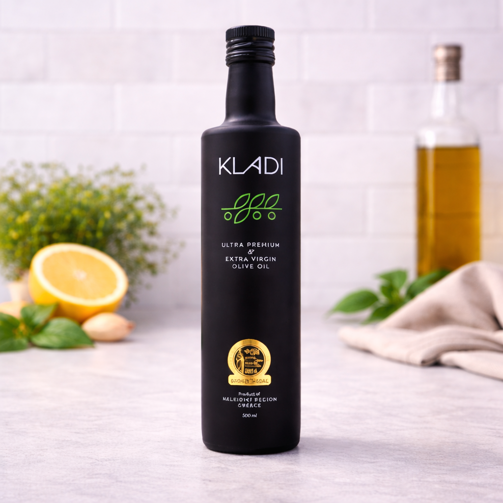 Kladi Greek extra virgin olive oil in matte black glass bottle, premium olive oil from Halkidiki Greece