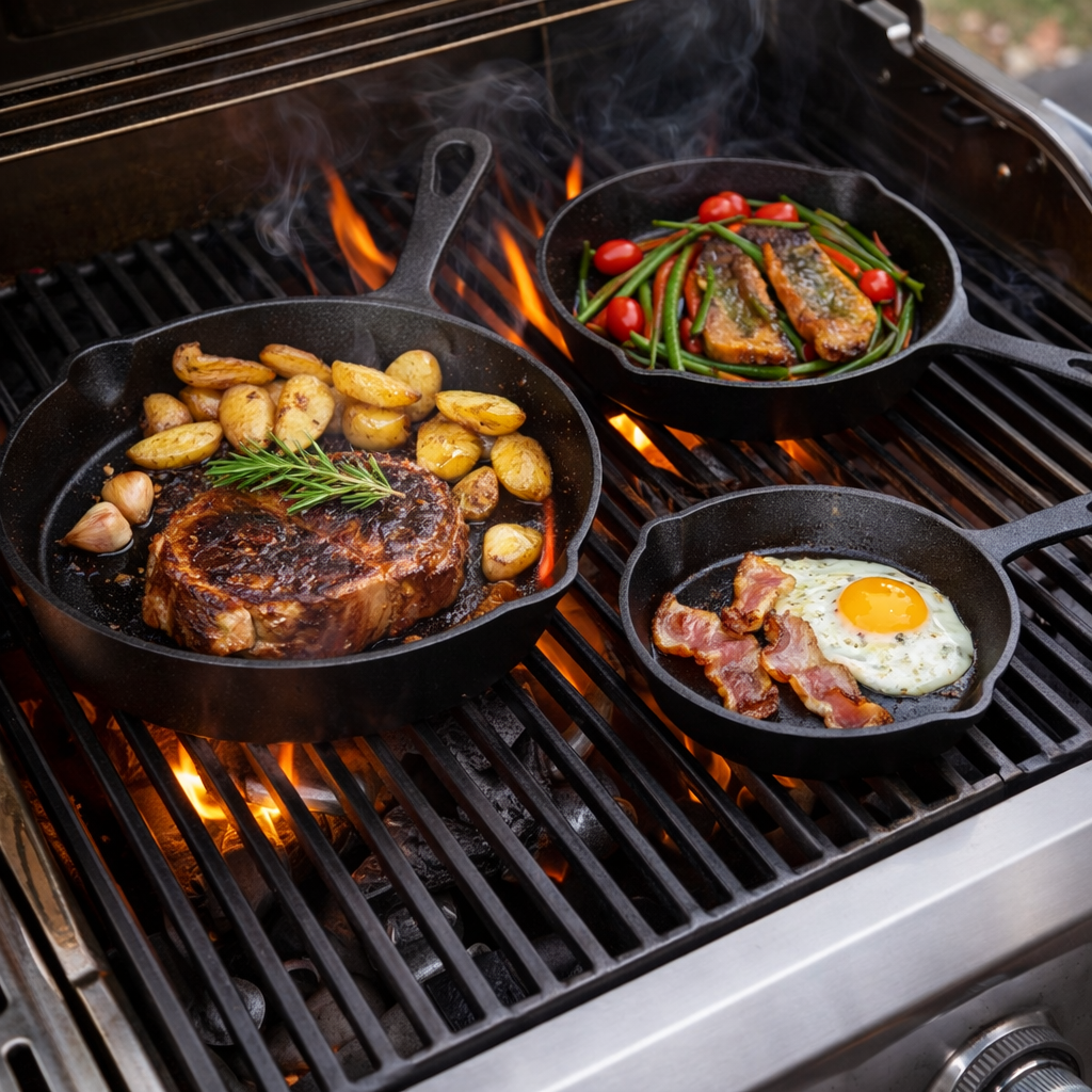 Four cast iron skillets on a grill with various foods including steak, potatoes, vegetables, and an egg.