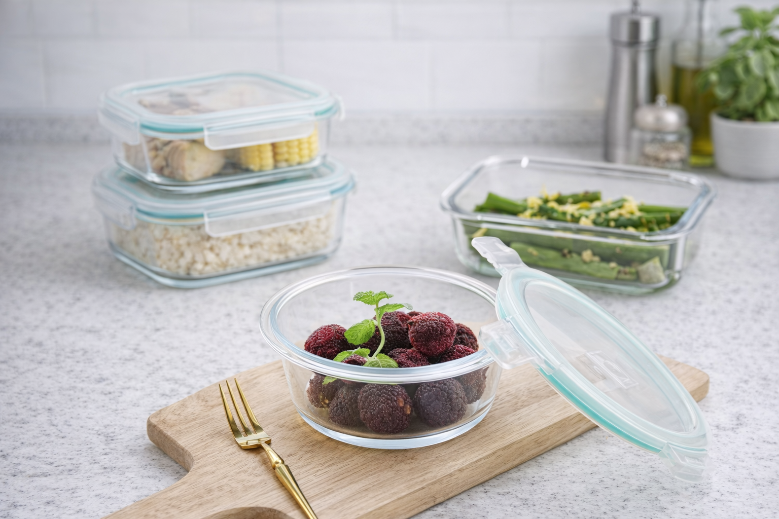 Glass food storage containers with lids on a kitchen counter