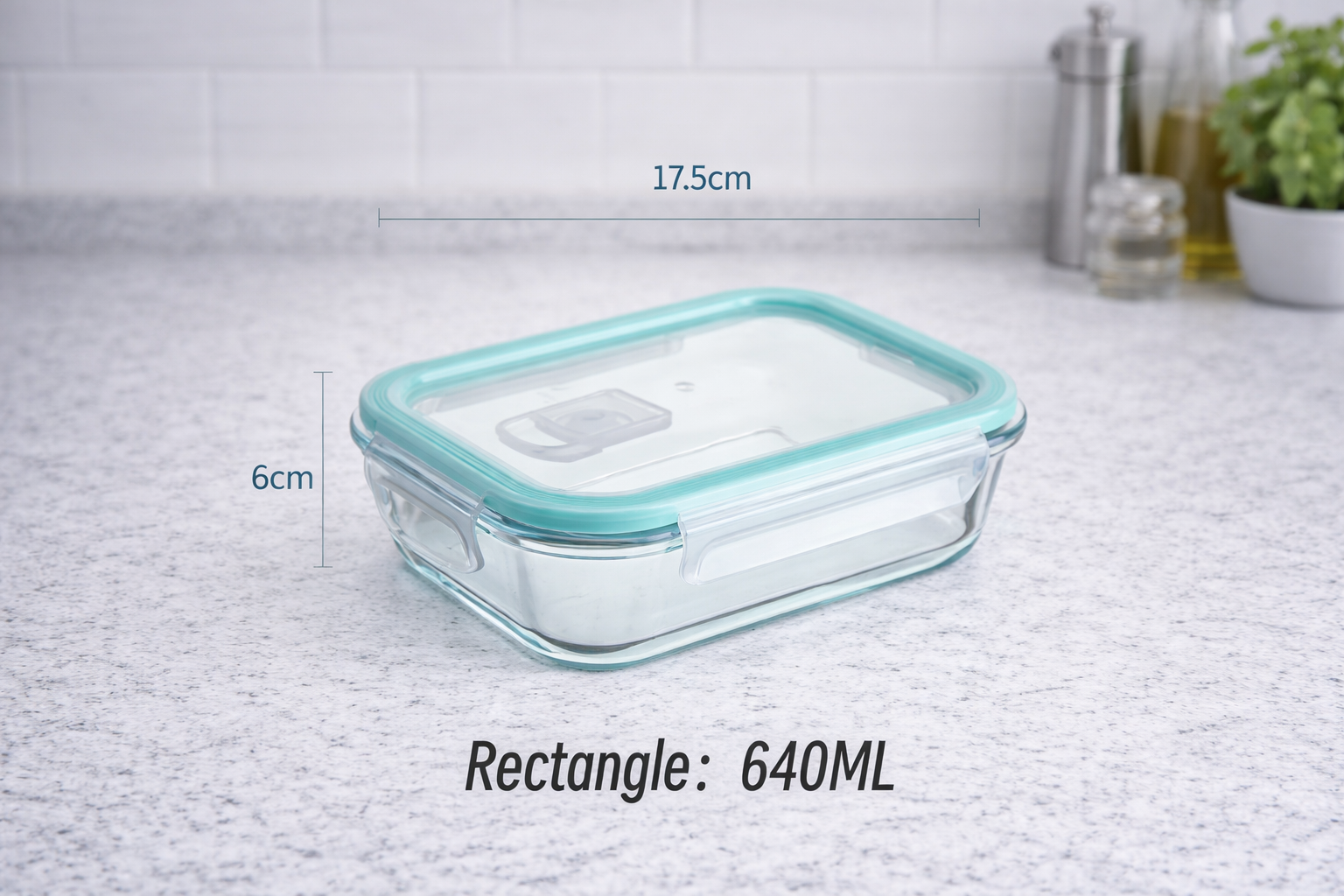 Glass food container with measurements on a kitchen counter
