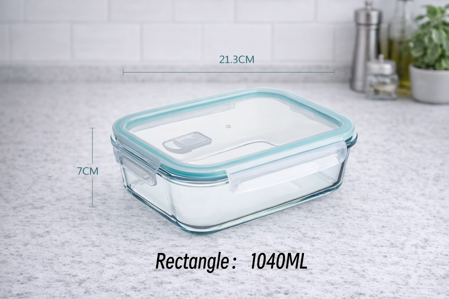 Glass food storage container with measurements on a kitchen counter