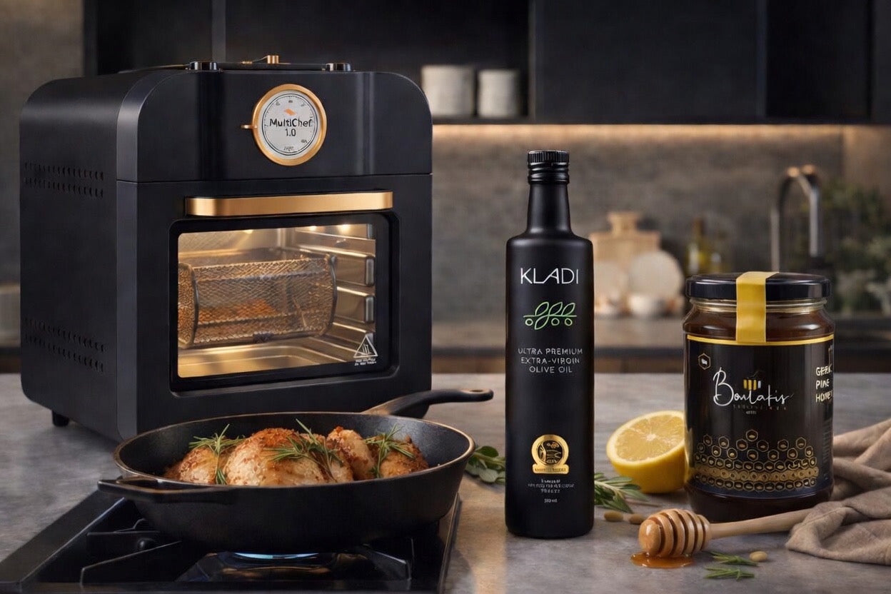 Black kitchen appliance on a stove withKLADI olive oil bottle and jar of honey in the background.
