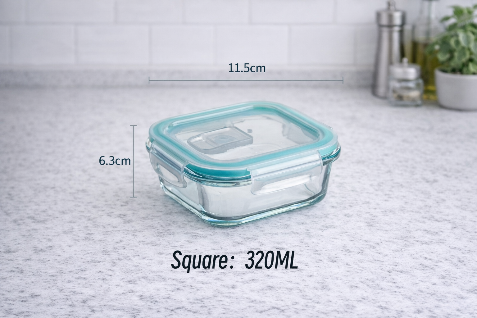 Glass food container with measurements on a kitchen counter