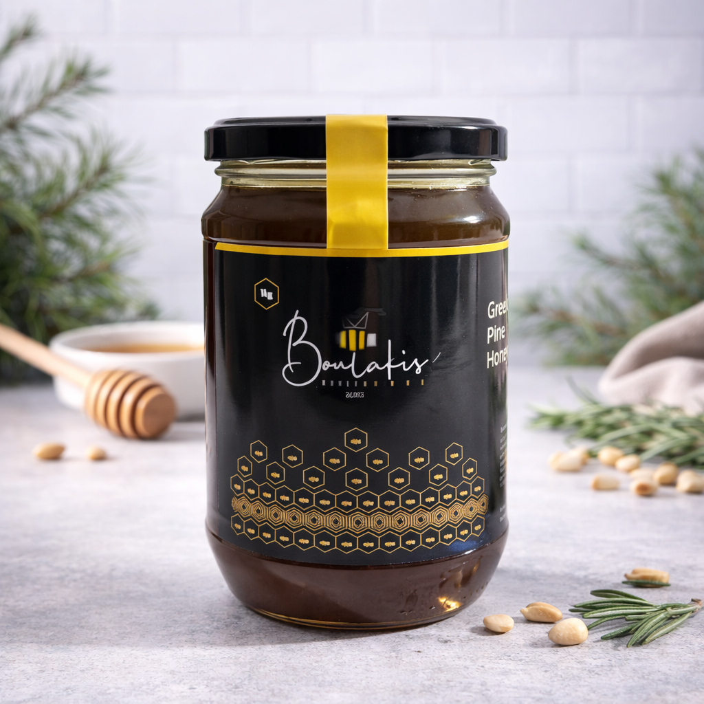 Boulakis Greek pine honey in glass jar with black and gold label, styled on a light kitchen surface with pine sprigs and honey dipper