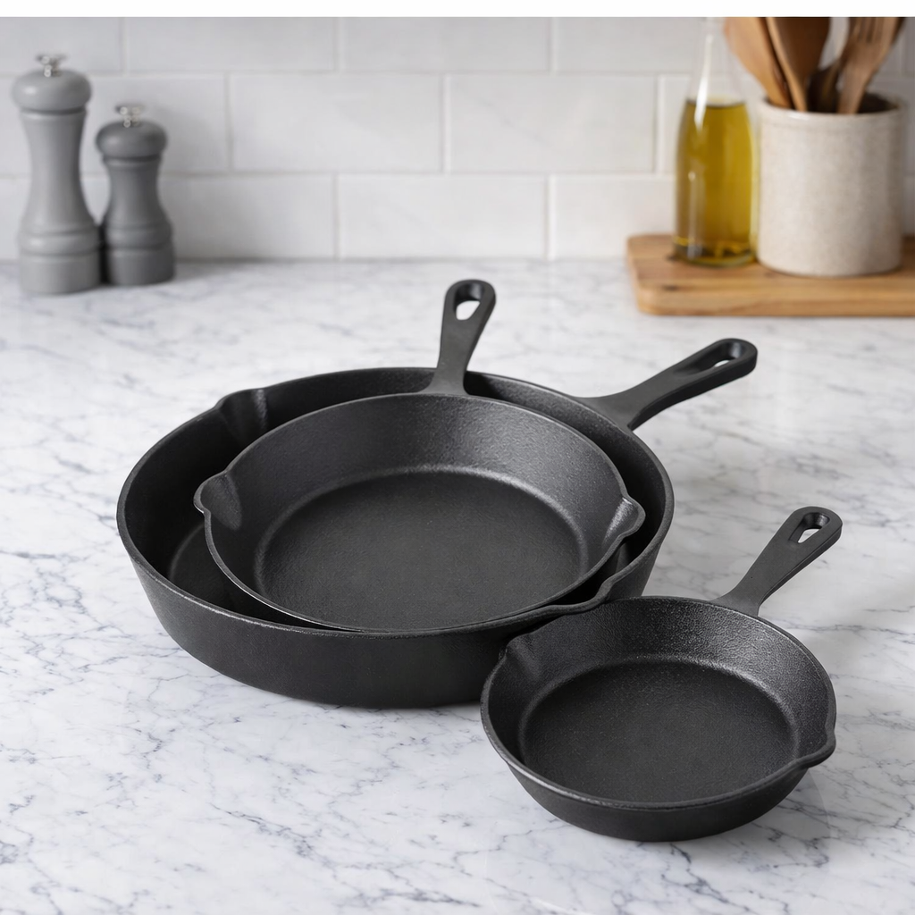 Set of three black cast iron skillets on a marble countertop with kitchen items in the background.