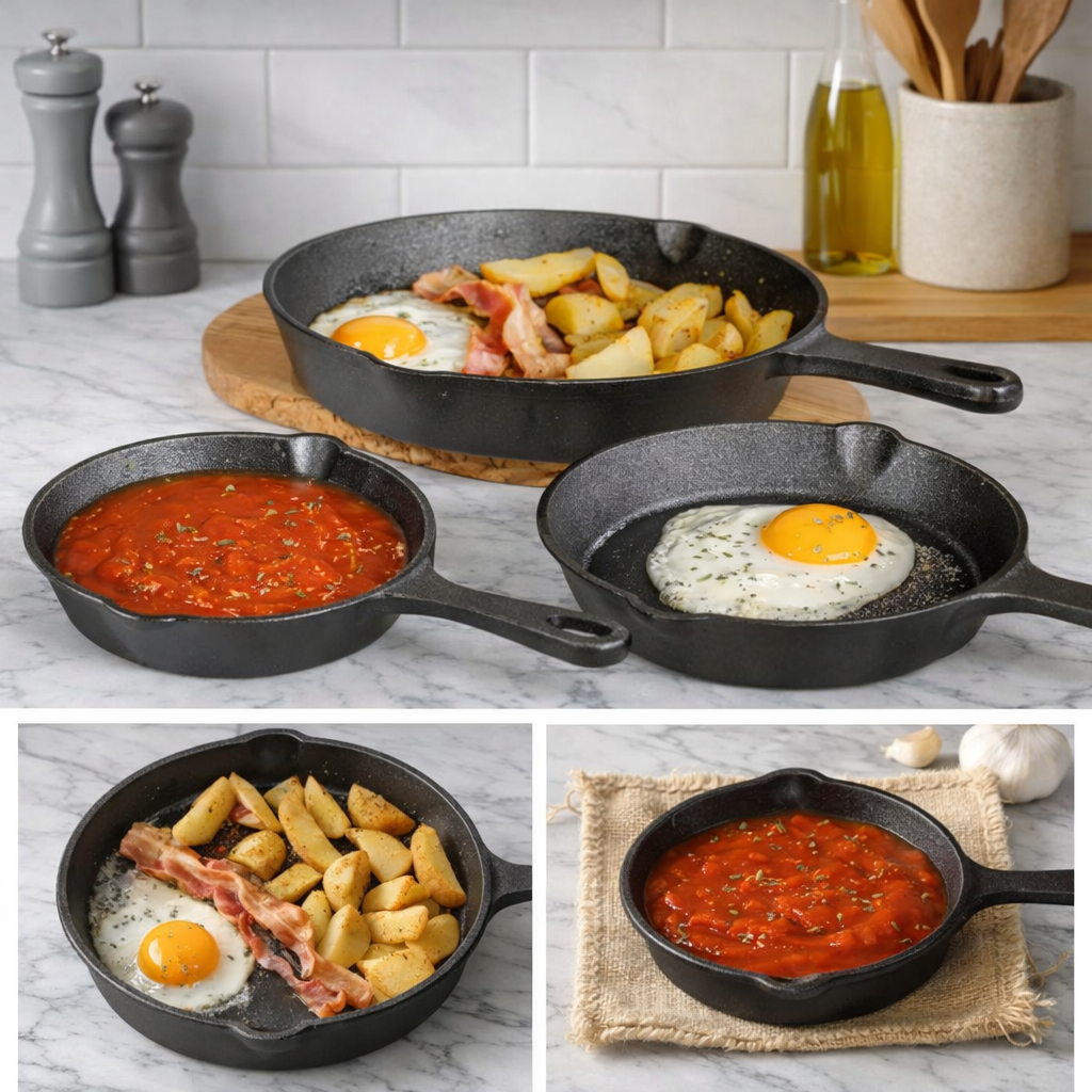 Set of black cast iron skillets with various food items on a kitchen counter.