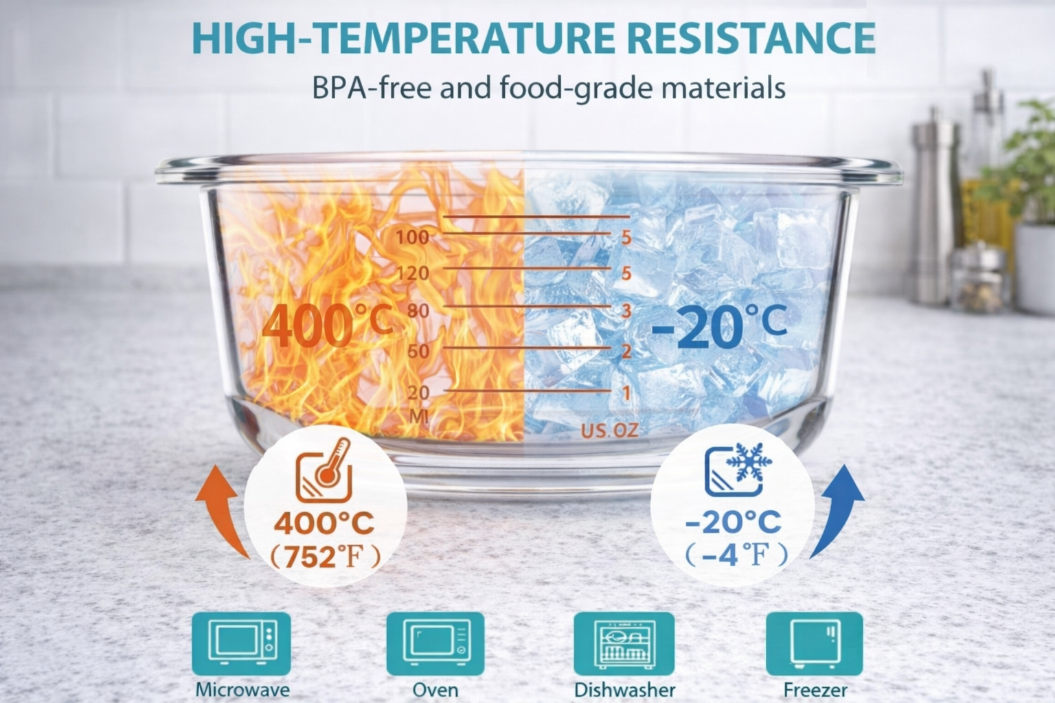 Glass container with temperature resistance indicators on a light background
