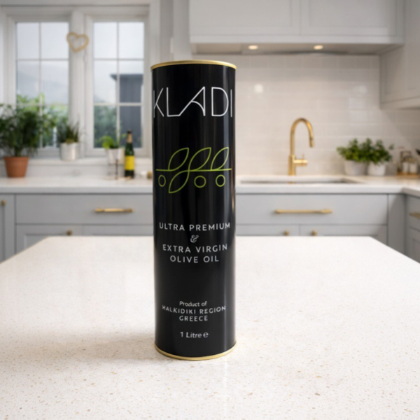 Kladi ultra premium extra virgin olive oil canister on a kitchen counter