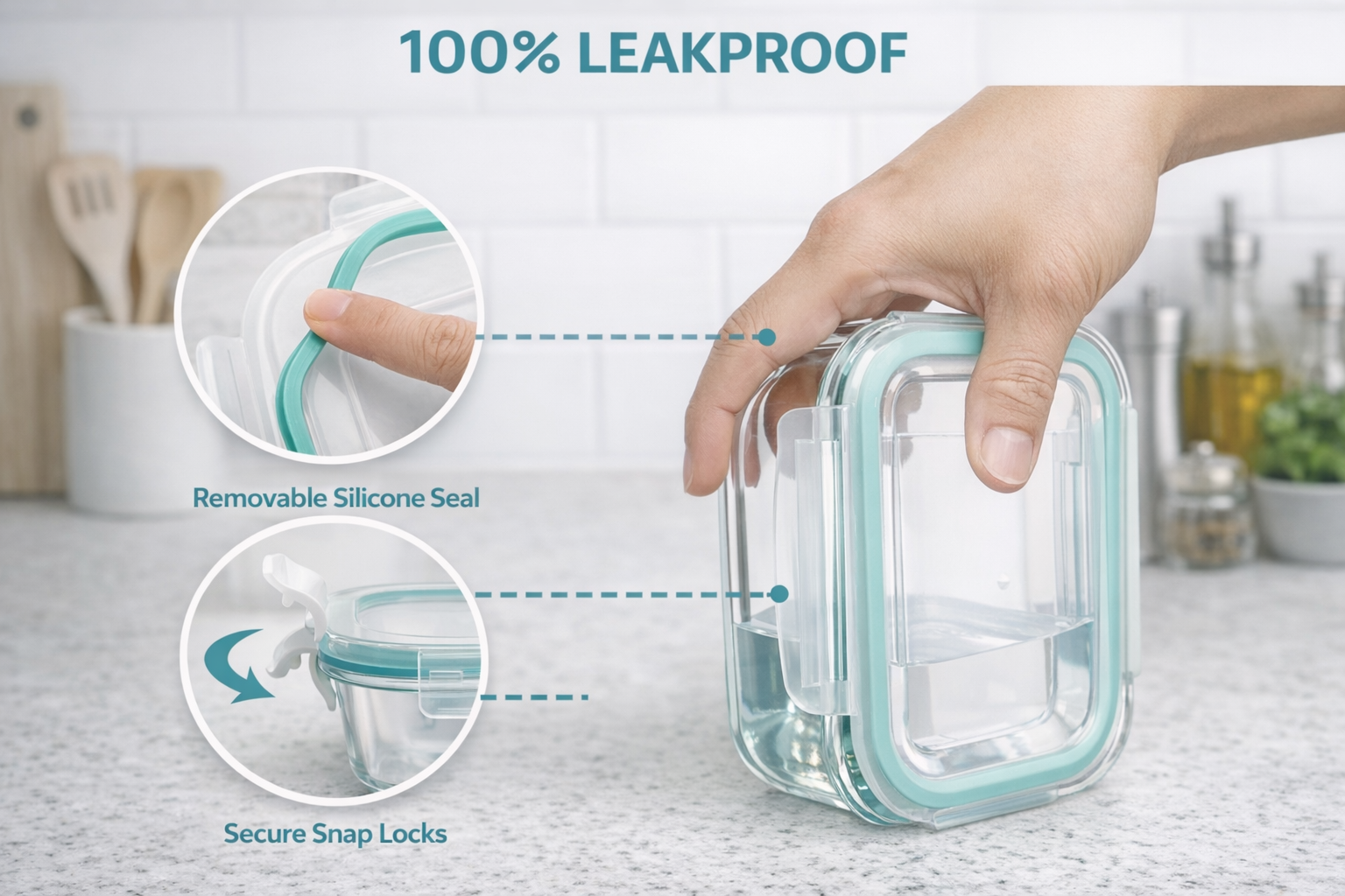 Leakproof container with removable silicone seal and secure snap locks, held by a hand in a kitchen setting.