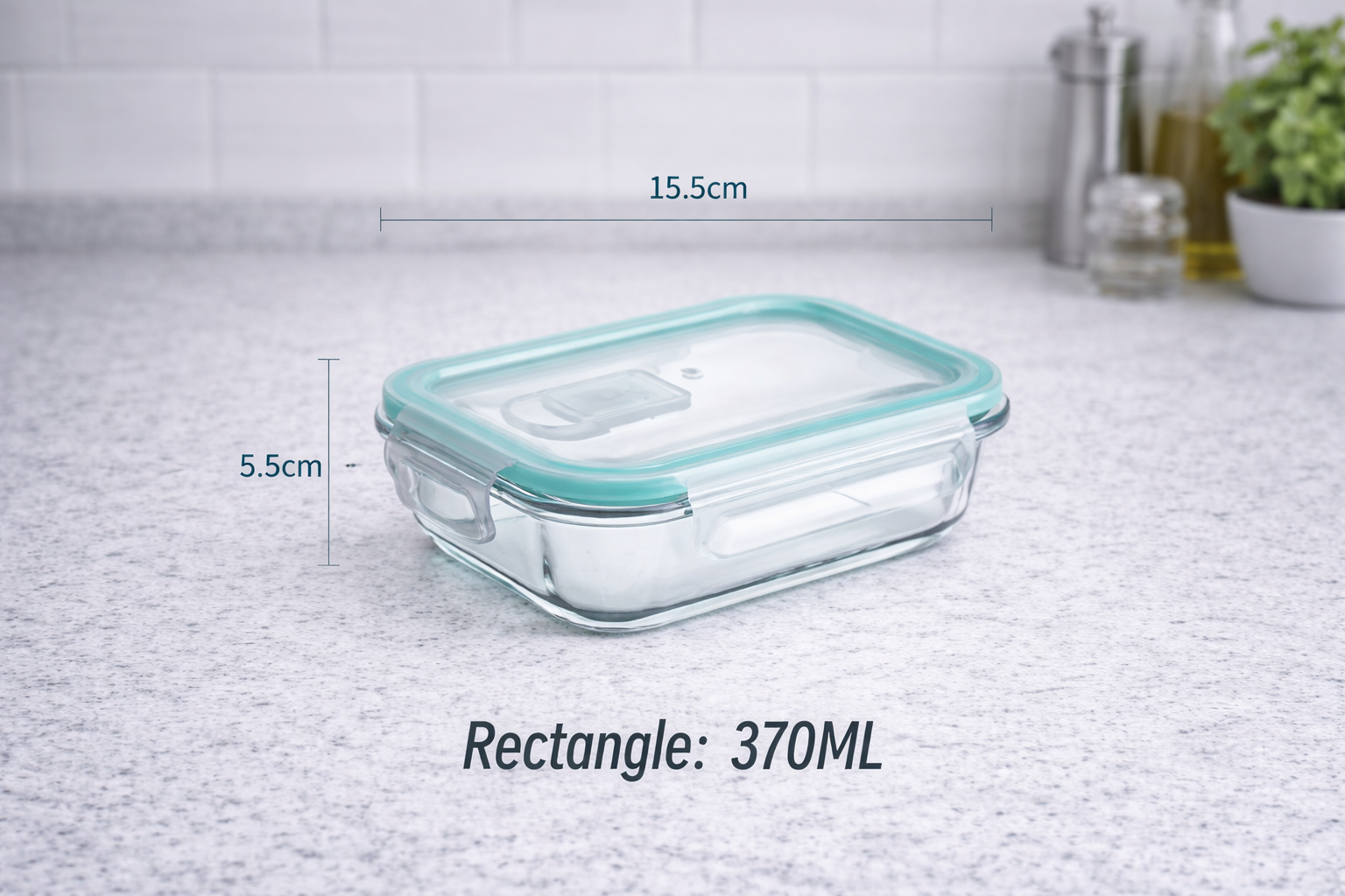 Glass food container with measurements on a kitchen counter