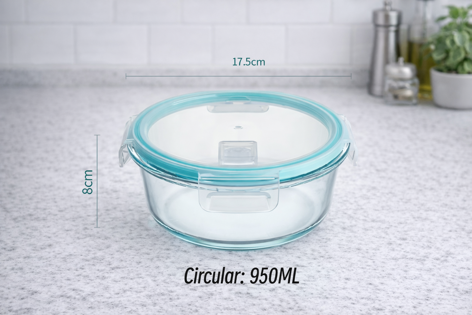 Glass food container with blue lid and measurements on a kitchen counter