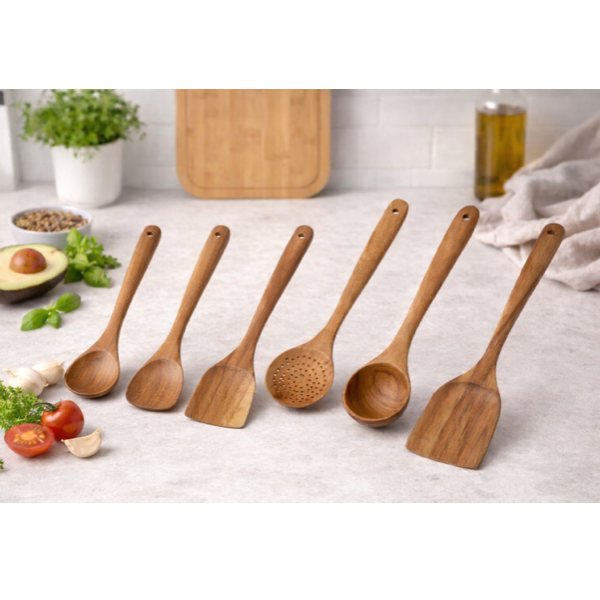 Wooden kitchen utensil set with six cooking tools displayed on a modern kitchen countertop